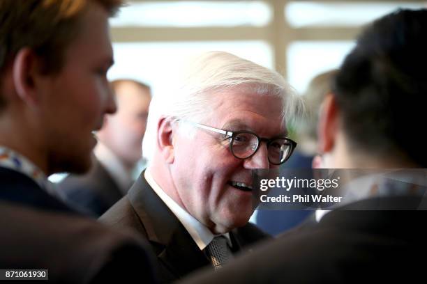 German President Frank-Walter Steinmeier meets guests at the German and New Zealand Chamber of Commerce in the PWC Building on November 7, 2017 in...