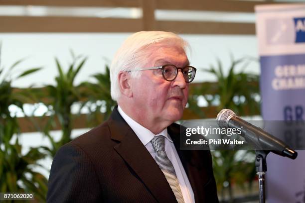 German President Frank-Walter Steinmeier speaks to guests at the German and New Zealand Chamber of Commerce in the PWC Building on November 7, 2017...
