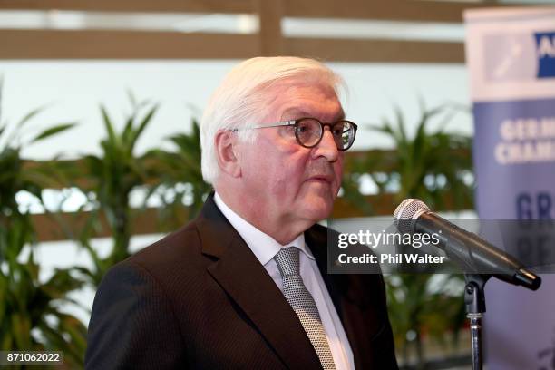 German President Frank-Walter Steinmeier speaks to guests at the German and New Zealand Chamber of Commerce in the PWC Building on November 7, 2017...