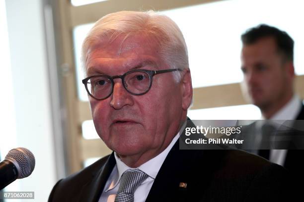 German President Frank-Walter Steinmeier speaks to guests at the German and New Zealand Chamber of Commerce in the PWC Building on November 7, 2017...