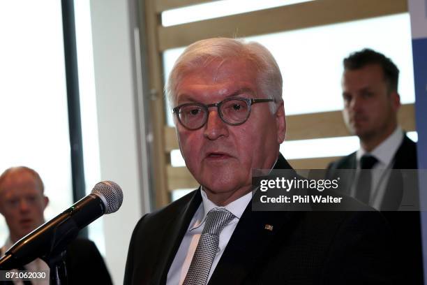 German President Frank-Walter Steinmeier speaks to guests at the German and New Zealand Chamber of Commerce in the PWC Building on November 7, 2017...