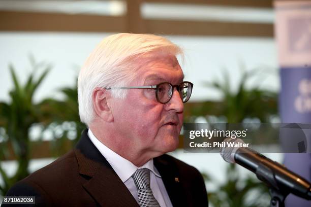 German President Frank-Walter Steinmeier speaks to guests at the German and New Zealand Chamber of Commerce in the PWC Building on November 7, 2017...