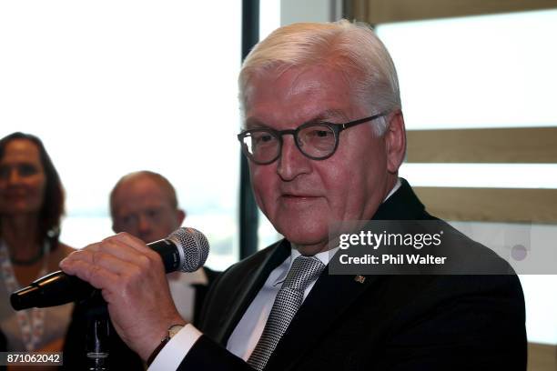 German President Frank-Walter Steinmeier speaks to guests at the German and New Zealand Chamber of Commerce in the PWC Building on November 7, 2017...