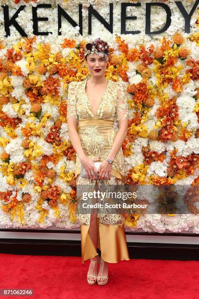 Jessica Mcnamee poses at the Kennedy Marquee on Melbourne Cup Day at Flemington Racecourse on November 7, 2017 in Melbourne, Australia.