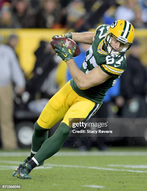Jordy Nelson of the Green Bay Packers runs with the ball in the second quarter against the Detroit Lions at Lambeau Field on November 6, 2017 in...