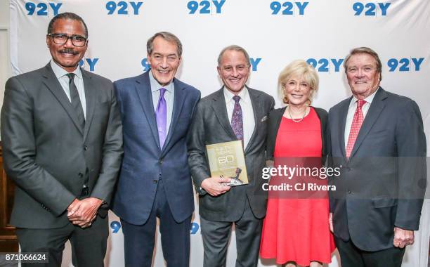 Bill Whitaker, Charlie Rose, Jeff Fager, Lesley Stahl, and Steve Kroft attend 'Fifty Years of 60 Minutes' book launch event at 92nd Street Y on...