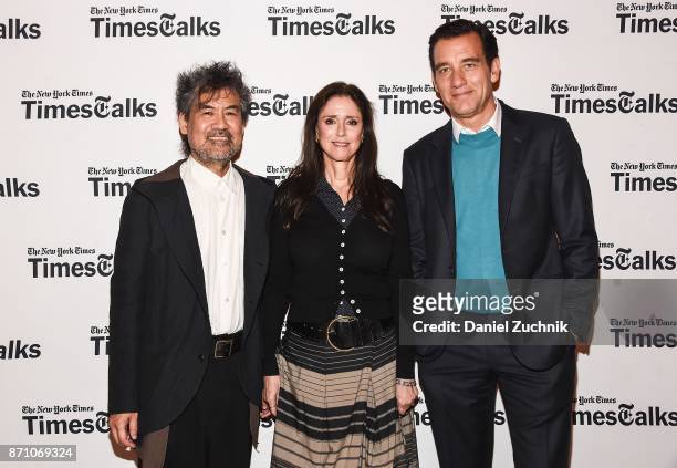 David Henry Hwang, Julie Taymor and Clive Owen attend the Times Talk to discuss 'M. Butterfly' at TheTimesCenter on November 6, 2017 in New York City.