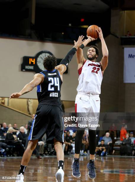Hammons of the Sioux Falls Skyforce shoots over Khem Brich of the Lakeland Magic during an NBA G-League game on November 6, 2017 at the Sanford...