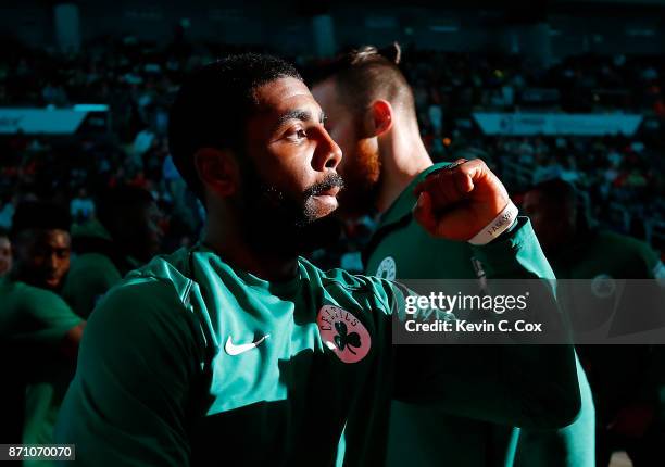 Kyrie Irving of the Boston Celtics walks on the court during player introductions prior to facing the Atlanta Hawks at Philips Arena on November 6,...