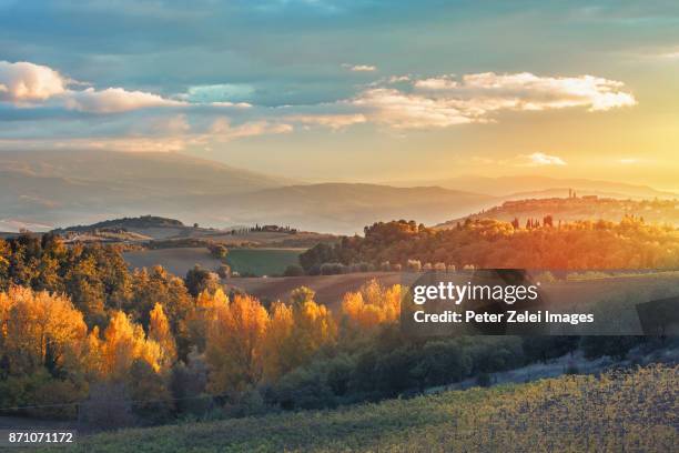 landscape in tuscany with the small town of pienza in the background - tuscany sunset stock pictures, royalty-free photos & images