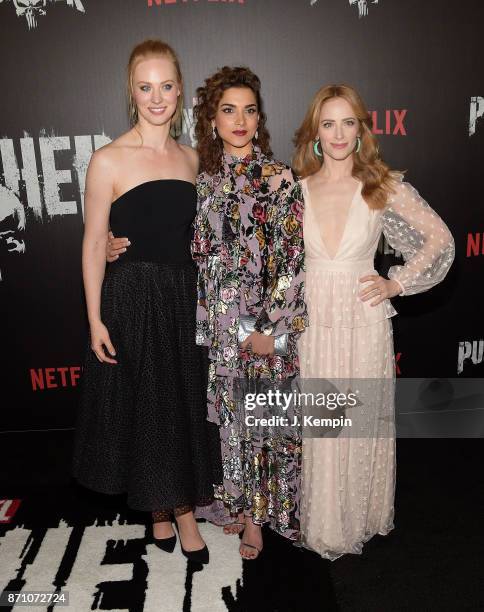 Actress's Deborah Ann Woll, Amber Rose Revah and Jaime Ray Newman attend the "Marvel's The Punisher" New York Premiere on November 6, 2017 in New...
