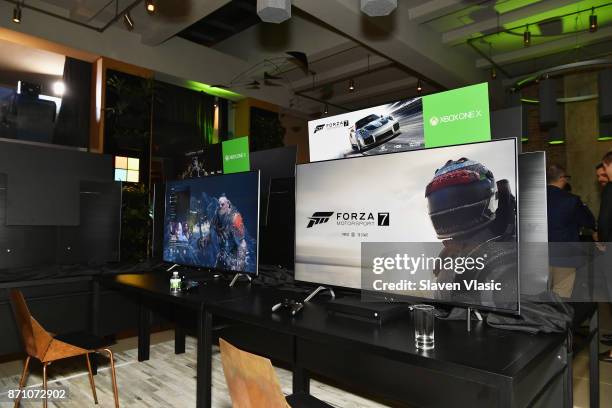 Xbox One X gaming stations are seen as Liam Payne, Chloe Grace Moretz, Brooklyn Beckham and Caleb McLaughlin Host Xbox One x VIP Event & Xbox Live...