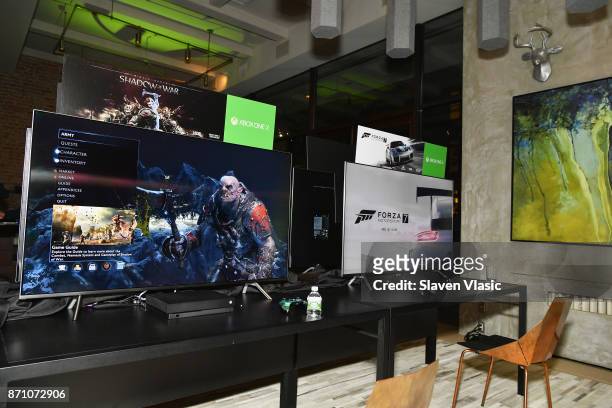 Xbox One X gaming stations are seen as Liam Payne, Chloe Grace Moretz, Brooklyn Beckham and Caleb McLaughlin Host Xbox One x VIP Event & Xbox Live...