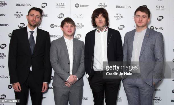 Jordan Fish, Lee Malia, Oliver Sykes and Matt Nicholls of Bring Me the Horizon attending the 26th annual Music Industry Trust Awards held at The...