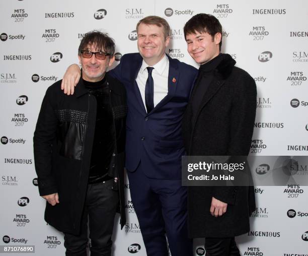 Ian Broudie, Rob Stringer and Riley Broudie attending the 26th annual Music Industry Trust Awards held at The Grosvenor House Hotel on November 6,...