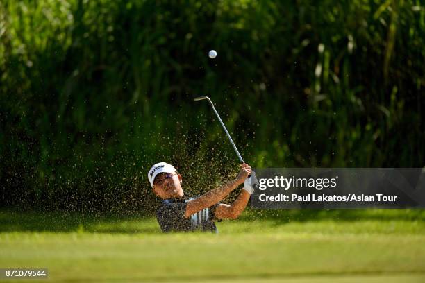 Nicholas Fung of Malaysia plays a shot during practice for the Resorts World Manila Masters at Manila Southwoods Golf and Country Club on November 7,...