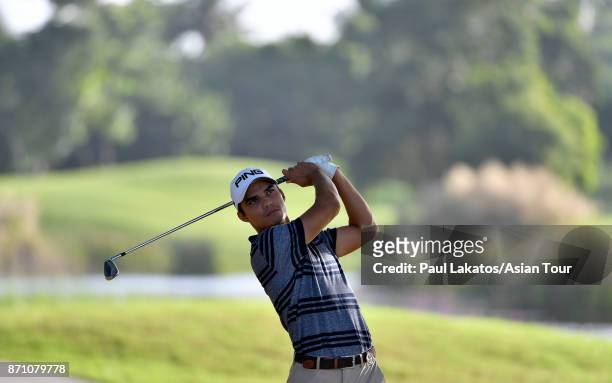 Ajeetesh Sandhu of India plays a shot during practice for the Resorts World Manila Masters at Manila Southwoods Golf and Country Club on November 7,...