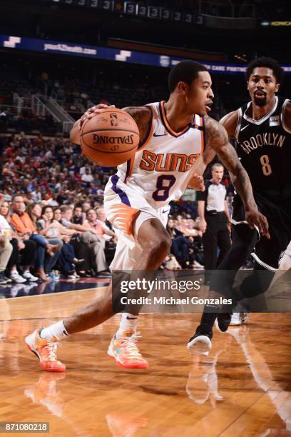 Tyler Ulis of the Phoenix Suns handles the ball against the Brooklyn Netson November 6, 2017 at Talking Stick Resort Arena in Phoenix, Arizona. NOTE...