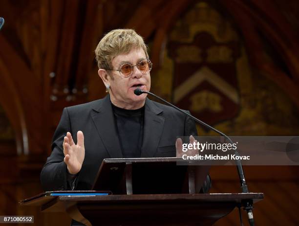 Founder Elton John presents onstage as he accepts the Peter J. Gomes Humanitarian of the Year Award from the Harvard Foundation for his work towards...