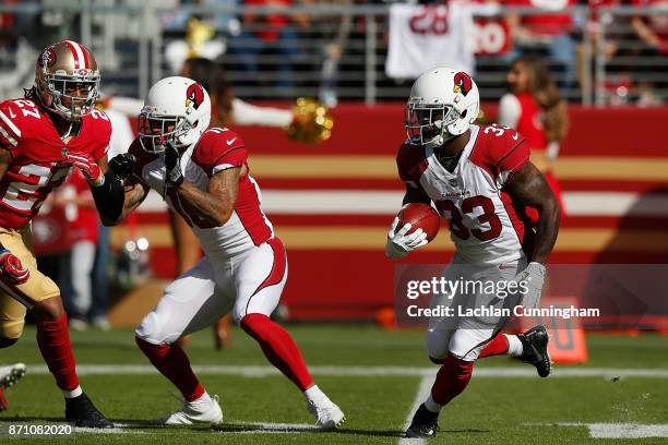 Kerwynn Williams of the Arizona Cardinals runs with the ball against the San Francisco 49ers at Levi's Stadium on November 5, 2017 in Santa Clara,...