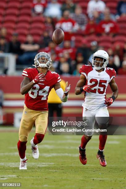 Kendrick Bourne of the San Francisco 49ers is unable to make a catch against Tramon Williams of the Arizona Cardinals at Levi's Stadium on November...