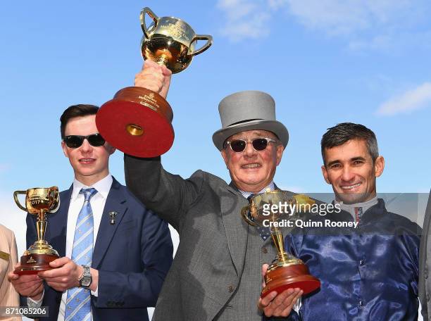 Trainer Joseph O'Brien, owner Lloyd Williams and jockey Corey Brown who rode Rekindling celebrates awinning race 7, the Emirates Melbourne Cup,...