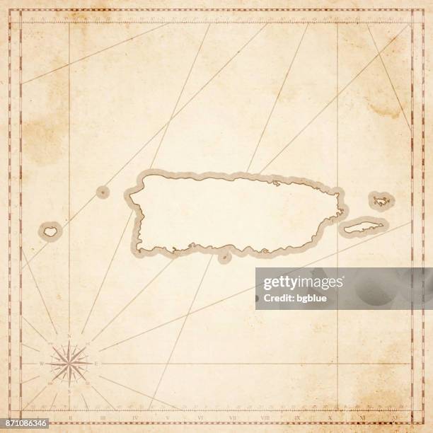 puerto rico map in retro vintage style - old textured paper - compass rose stock illustrations