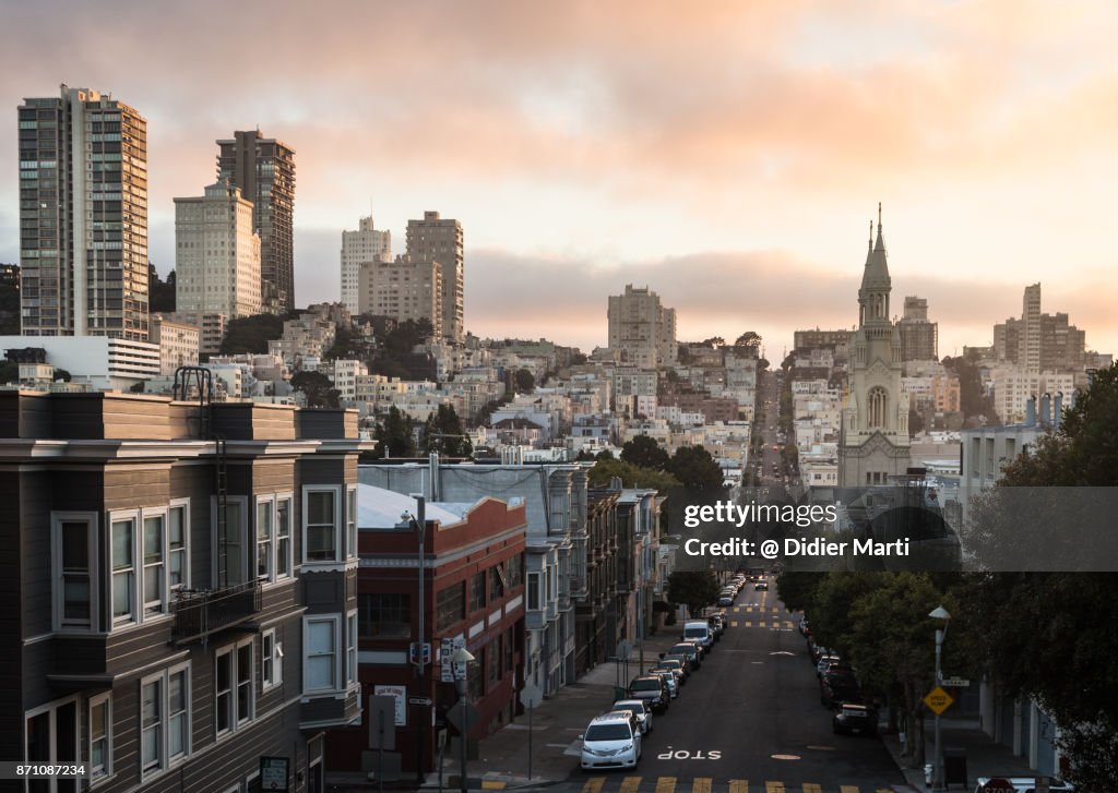Sunset over Russian Hill in San Francisco, California, USA