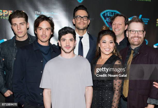 Nolan Gerard Funk, Tyler Blackburn, Al Calderon, Cheyenne Jackson, Jenna Ushkowitz, Tom Gustafson and Cory Krueckeberg attends the "Hello Again" New...