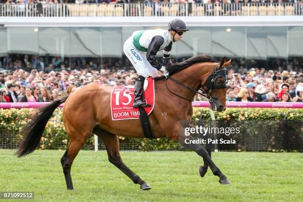 Boom Time ridden by Cory Parish heads to the barrier before the Emirates Melbourne Cup at Flemington Racecourse on November 07, 2017 in Flemington,...