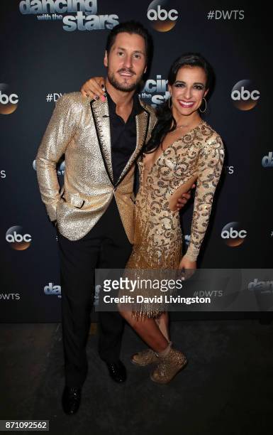 Personality Victoria Arlen and dancer Valentin Chmerkovskiy pose at "Dancing with the Stars" season 25 at CBS Televison City on November 6, 2017 in...