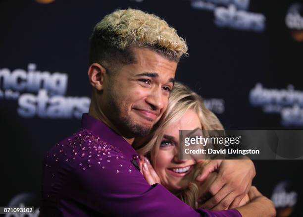 Singer Jordan Fisher and dancer Lindsay Arnold are interviewed at "Dancing with the Stars" season 25 at CBS Televison City on November 6, 2017 in Los...