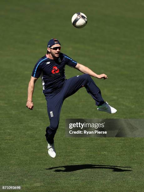 Mark Stoneman of England plays football during an England Ashes series nets session at Adelaide Oval on November 7, 2017 in Adelaide, Australia.