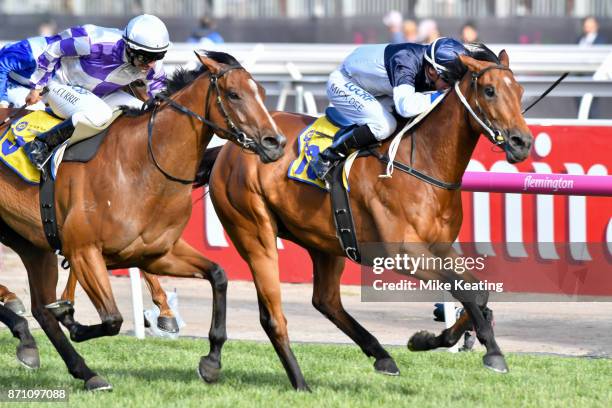 Pedrena ridden by Michael Dee wins The Hong Kong Jockey Club Stakes at Flemington Racecourse on November 07, 2017 in Flemington, Australia.