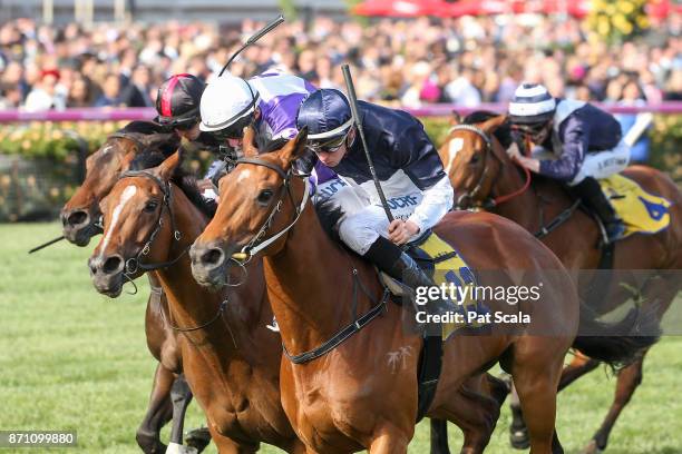 Pedrena ridden by Michael Dee wins the The Hong Kong Jockey Club Stakes at Flemington Racecourse on November 07, 2017 in Flemington, Australia.