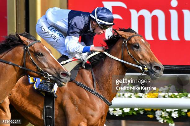 Pedrena ridden by Michael Dee wins The Hong Kong Jockey Club Stakes at Flemington Racecourse on November 07, 2017 in Flemington, Australia.