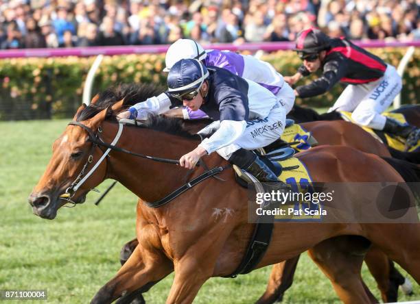 Pedrena ridden by Michael Dee wins the The Hong Kong Jockey Club Stakes at Flemington Racecourse on November 07, 2017 in Flemington, Australia.