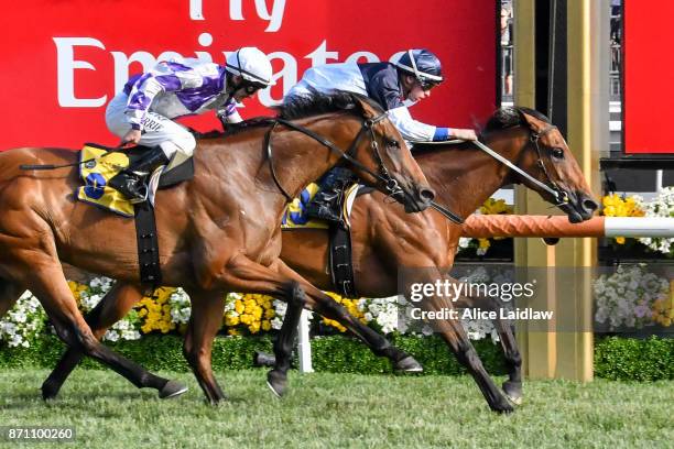 Pedrena ridden by Michael Dee wins the The Hong Kong Jockey Club Stakes at Flemington Racecourse on November 07, 2017 in Flemington, Australia.