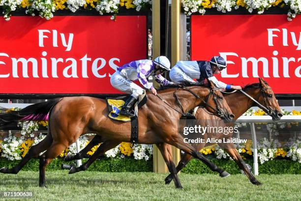 Pedrena ridden by Michael Dee wins The Hong Kong Jockey Club Stakes at Flemington Racecourse on November 07, 2017 in Flemington, Australia.