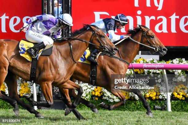 Pedrena ridden by Michael Dee wins The Hong Kong Jockey Club Stakes at Flemington Racecourse on November 07, 2017 in Flemington, Australia.