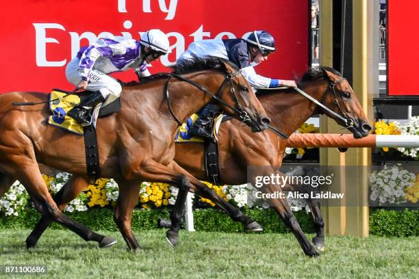 Pedrena ridden by Michael Dee wins The Hong Kong Jockey Club Stakes at Flemington Racecourse on November 07, 2017 in Flemington, Australia.