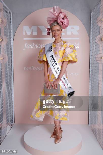 Myer Fashions on the Field Racewear winner Holly Stearnes poses on Emirates Melbourne Cup Day at Flemington Racecourse on November 7, 2017 in...
