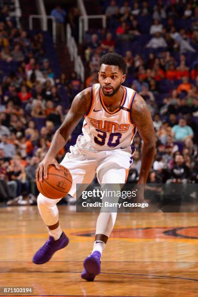 Troy Daniels of the Phoenix Suns handles the ball against the Brooklyn Nets on November 6, 2017 at Talking Stick Resort Arena in Phoenix, Arizona....