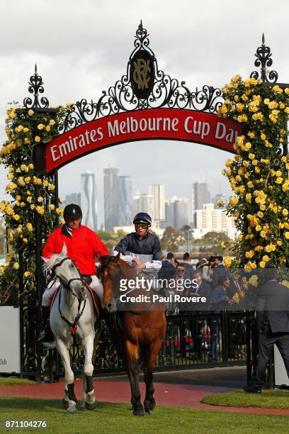 Jockey Michael Dee returns to scale on Pedrena after winning race 10, the Hong Kong Jockey Club Stakes, during Melbourne Cup Day at Flemington...