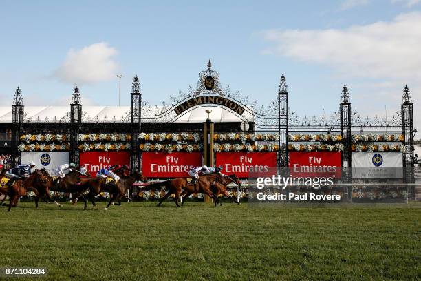 Jockey Michael Dee rides Pedrena to win race 10, the Hong Kong Jockey Club Stakes, during Melbourne Cup Day at Flemington Racecourse on November 7,...