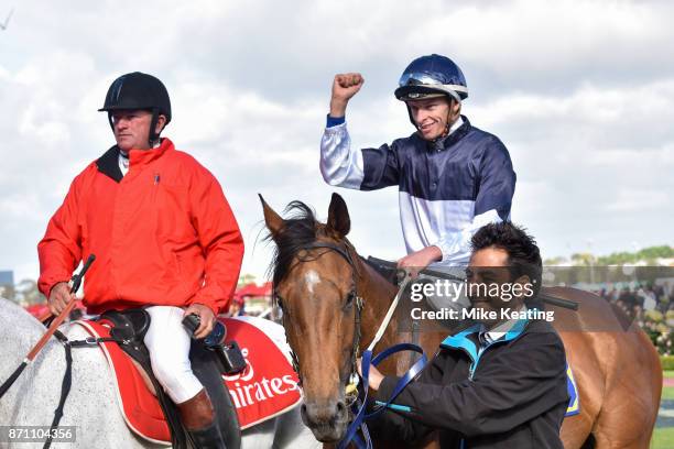 Pedrena ridden by Michael Dee returns after winning The Hong Kong Jockey Club Stakes at Flemington Racecourse on November 07, 2017 in Flemington,...