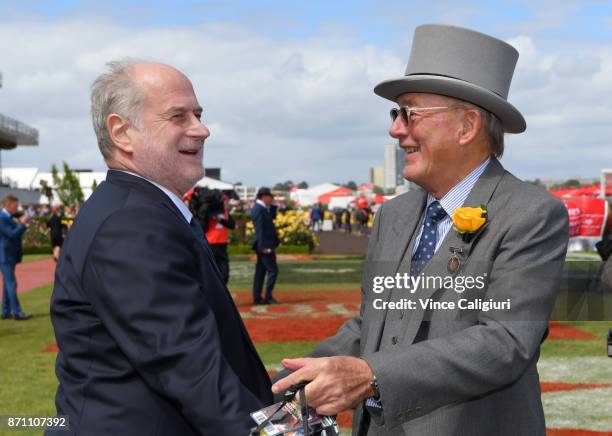 Owners Michael Gudinski and Lloyd Williams after Rekindling won in Race 7, Emirates Melbourne Cup during Melbourne Cup Day at Flemington Racecourse...