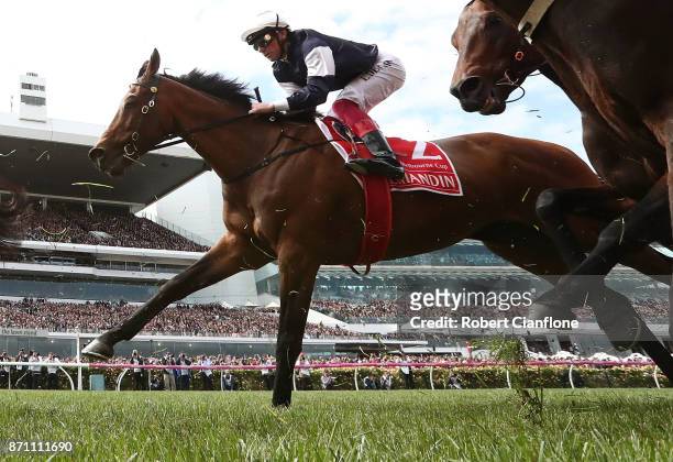 Frankie Dettori rides Almandin during race seven the Emirates Melbourne Cup during Melbourne Cup Day at Flemington Racecourse on November 7, 2017 in...