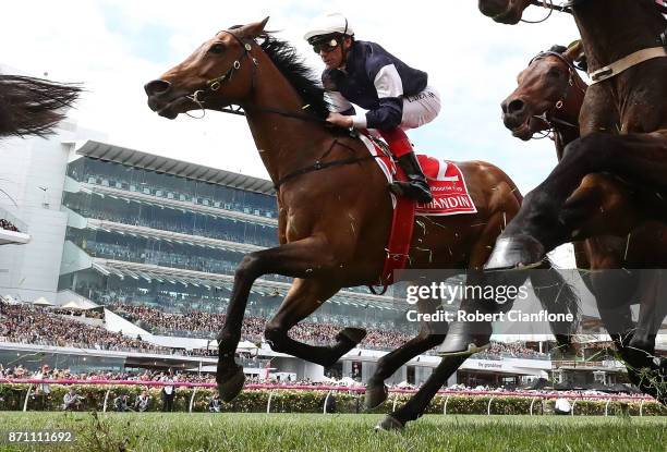 Frankie Dettori rides Almandin during race seven the Emirates Melbourne Cup during Melbourne Cup Day at Flemington Racecourse on November 7, 2017 in...