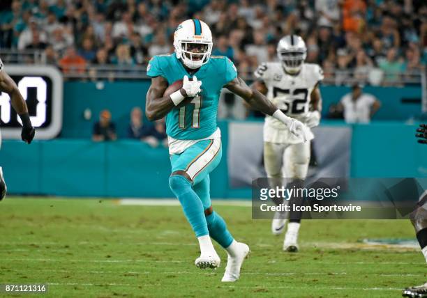 Miami Dolphins wide receiver DeVante Parker plays during an NFL football game between the Oakland Raiders and the Miami Dolphins on November 5, 2017...